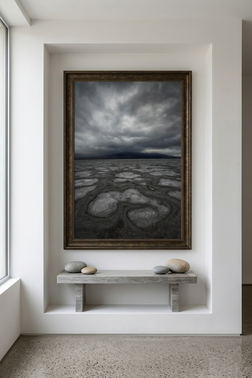 Vertical desert salt flats photography print displayed in a white architectural alcove above a stone bench.