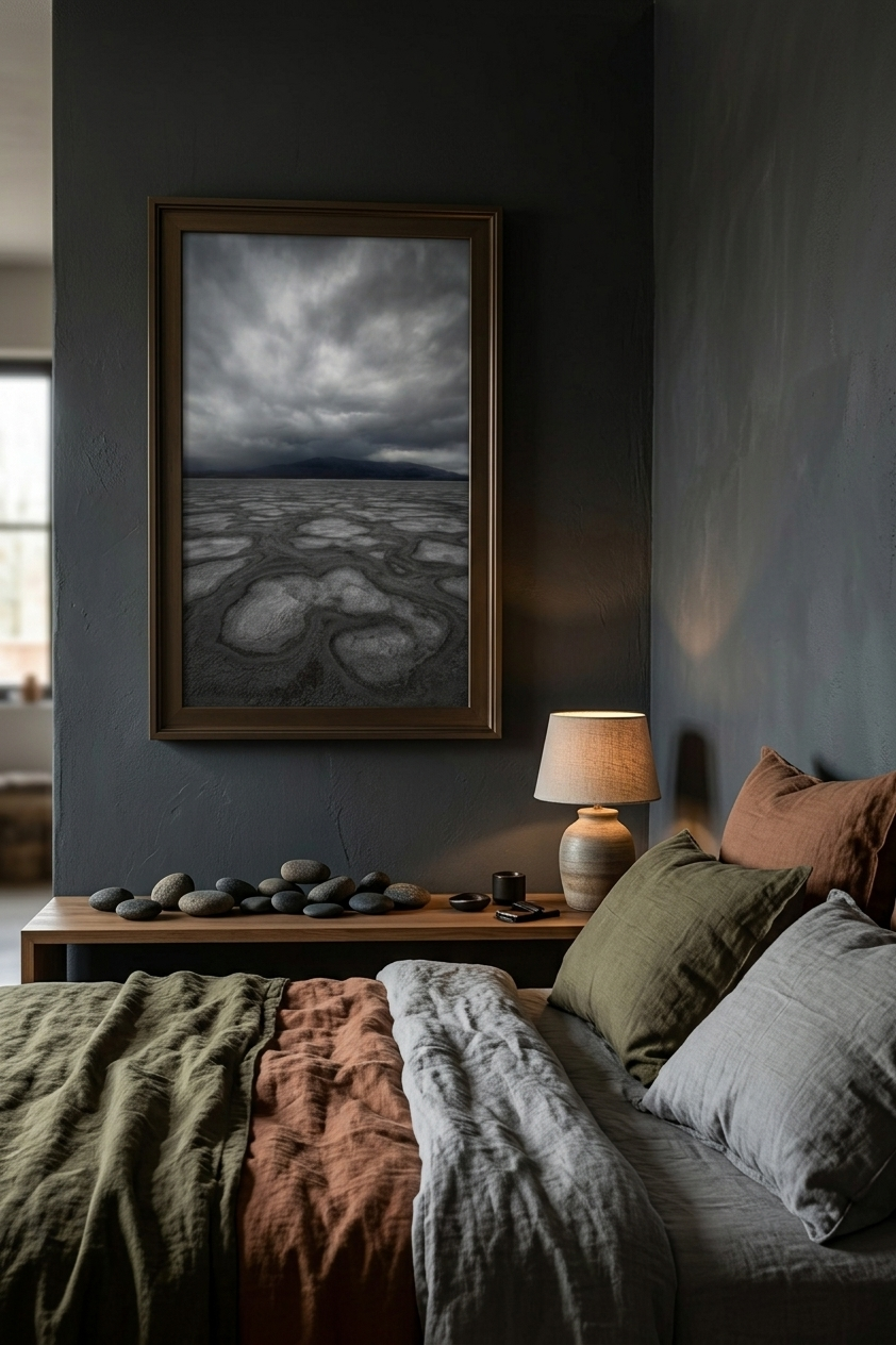 Framed Death Valley fine art print hanging on a dark charcoal bedroom wall above a wooden headboard console.