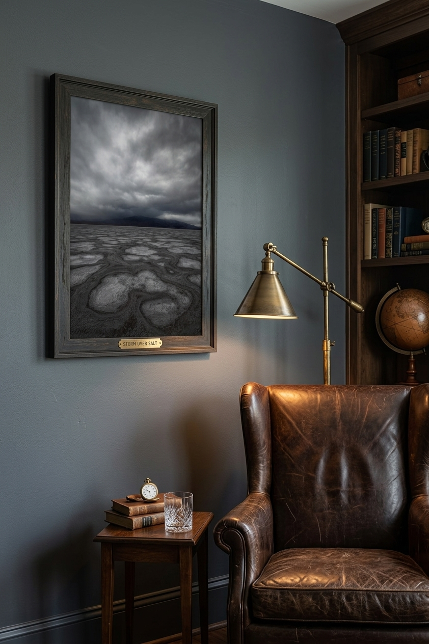 Framed Death Valley desert art print hanging in a dark moody library next to a leather armchair and brass lamp.