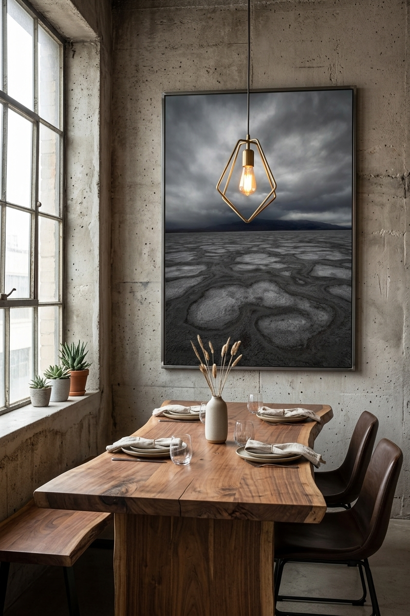 Large Death Valley salt flats print mounted on a raw concrete wall beside a live-edge wooden dining table.