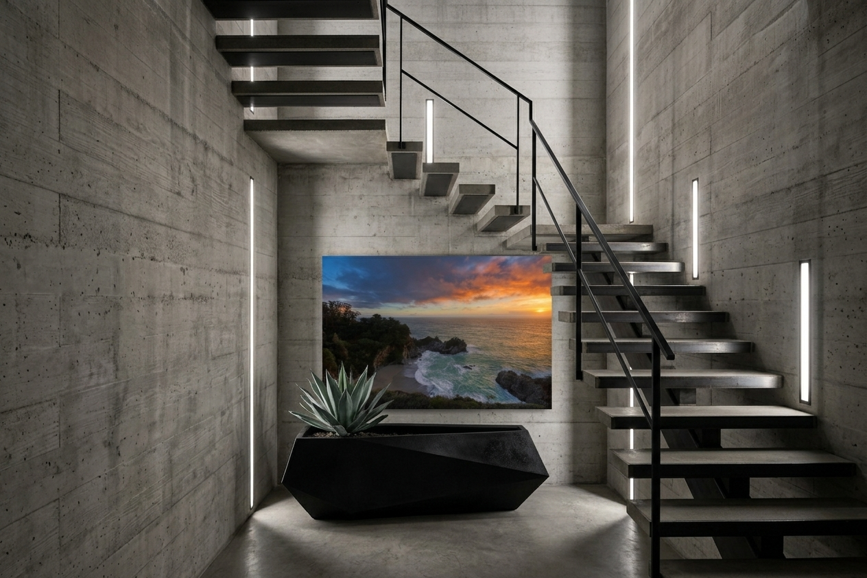 McWay Falls sunset art print mounted on a board-formed concrete wall underneath a floating staircase.