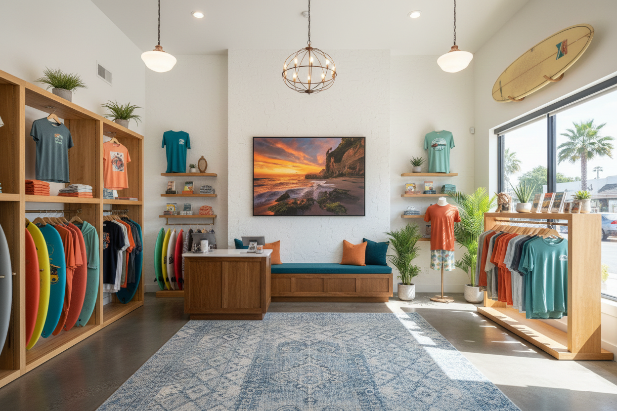 Laguna Beach Pirate Tower sunset photograph hanging above a seating bench in a modern coastal surf shop.