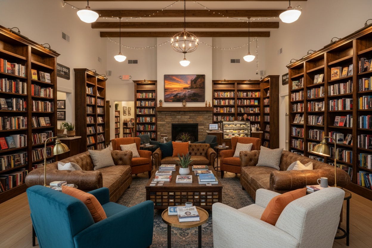 Victoria Beach sunset ocean art print hanging above a fireplace in a grand library lounge with leather sofas.