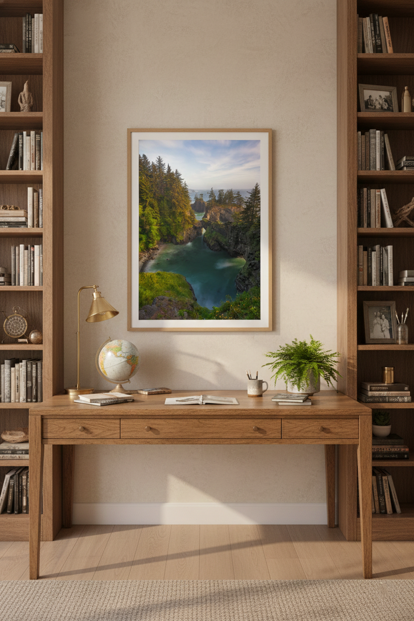 Natural Bridges Oregon photo print mounted between floor-to-ceiling wooden bookshelves above a study desk.