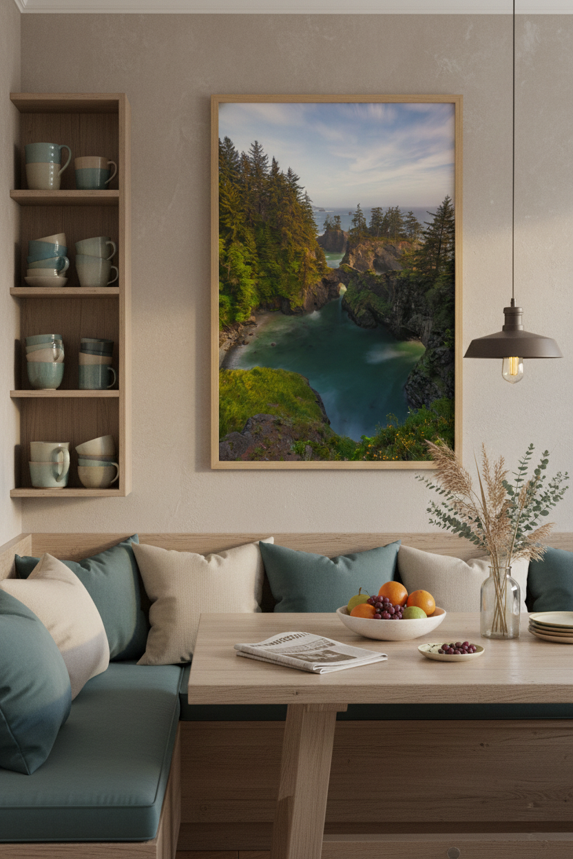 Large framed Natural Bridges ocean landscape print hanging above a built-in banquette dining booth.