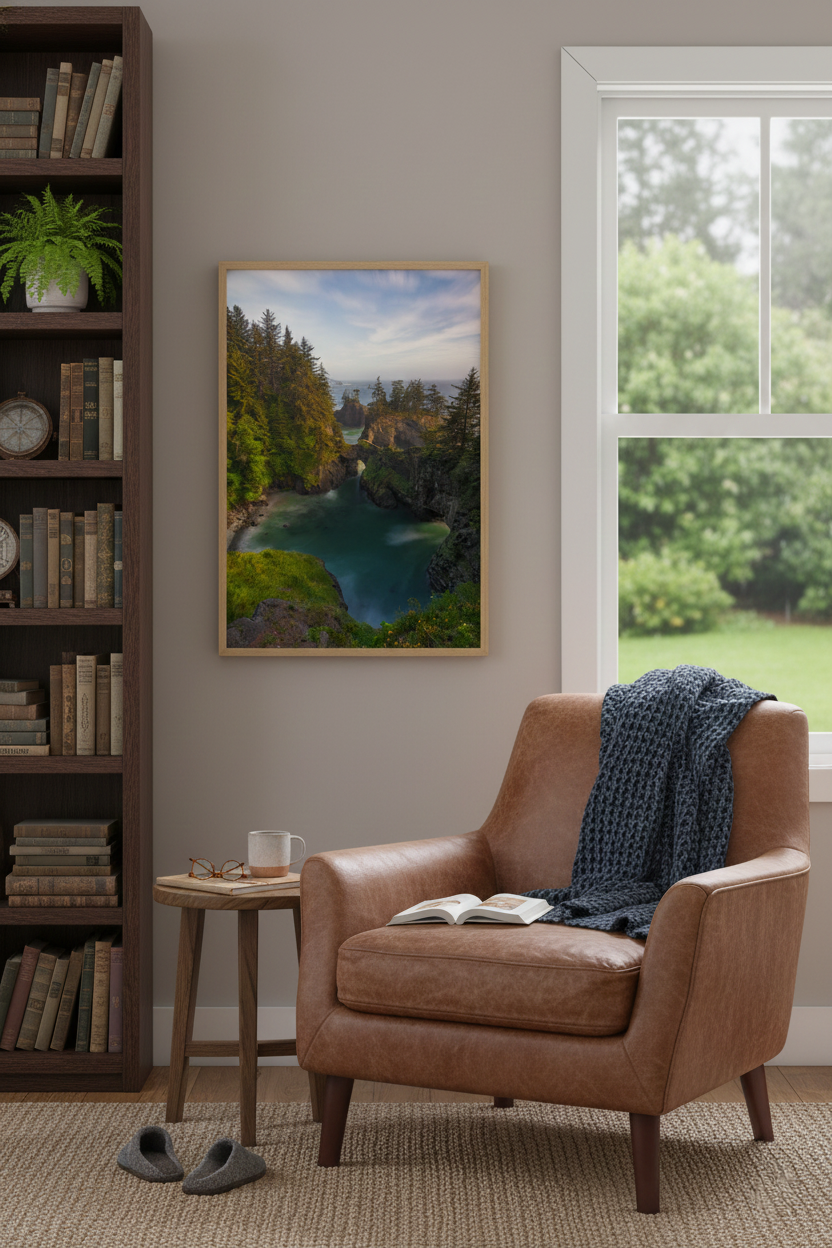 Framed Natural Bridges Oregon landscape photo hanging on a warm beige wall next to a leather armchair and bookshelf.