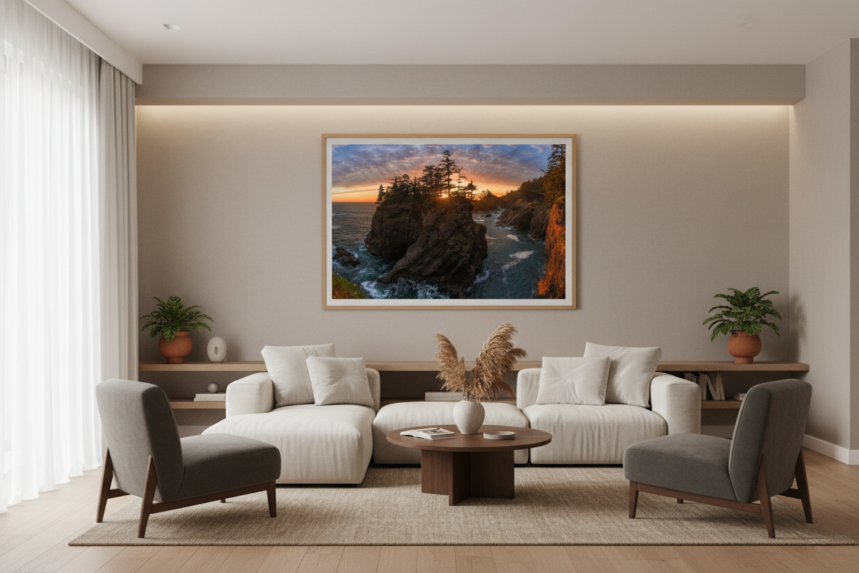 Large framed Samuel H Boardman sunset photo print hanging above a white sectional sofa in a modern minimalist living room.
