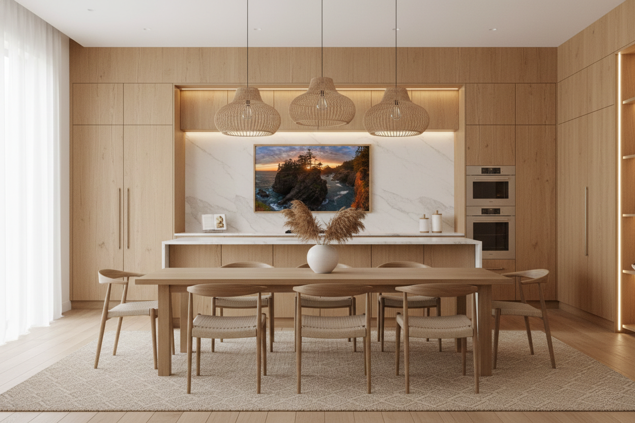 Oregon coast sunset landscape print mounted in a marble alcove within a modern oak-paneled kitchen and dining area.