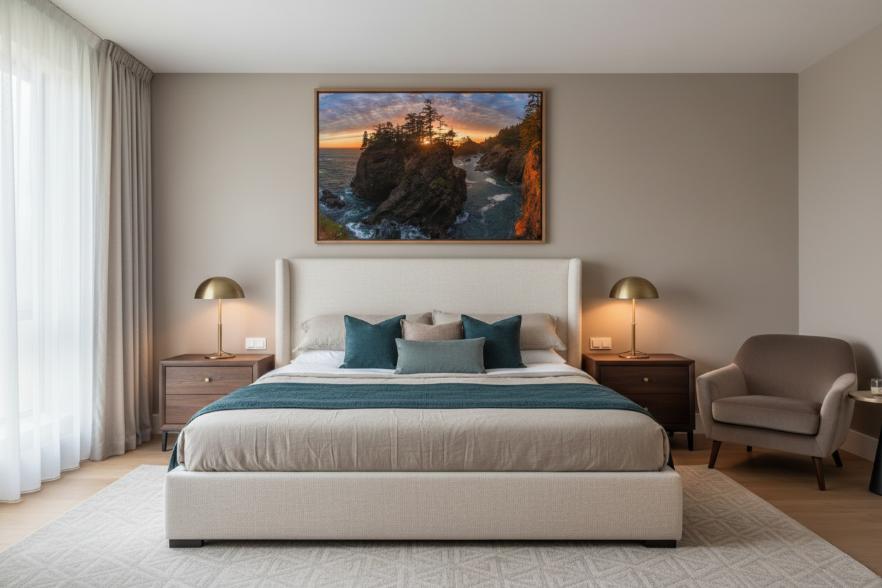 Large framed Samuel H Boardman landscape photo print hanging above a beige upholstered king bed in a luxury bedroom.