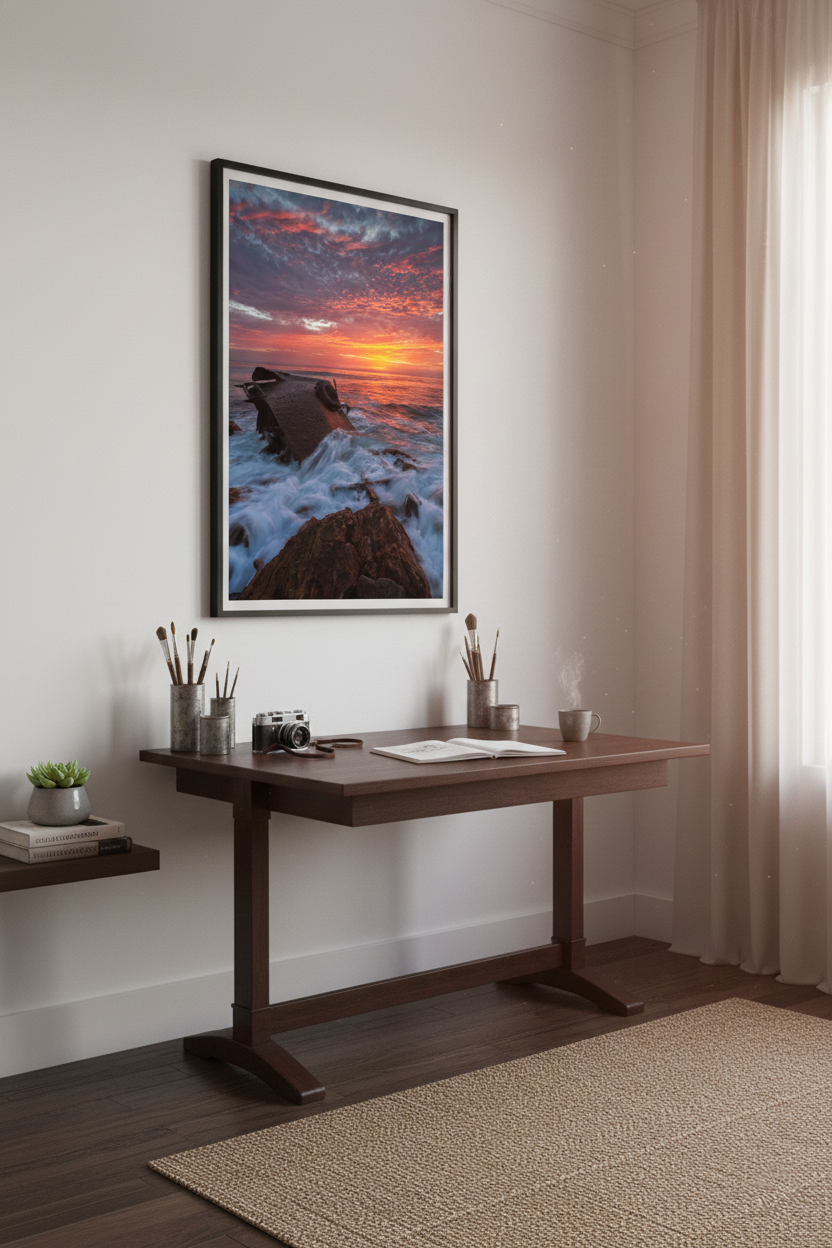 Vertical SS Dominator shipwreck sunset fine art print mounted above a dark wooden artist desk with paintbrushes and camera.
