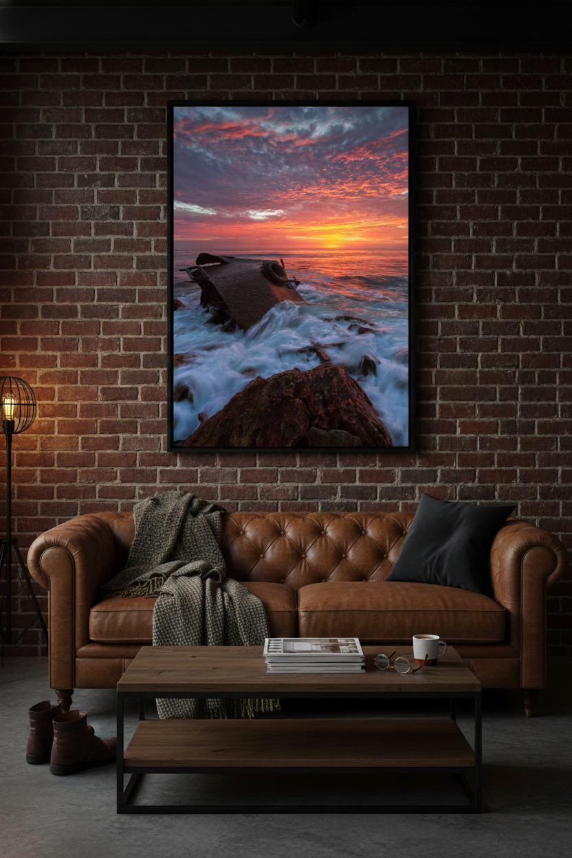 Large framed SS Dominator shipwreck sunset photo hanging on an exposed red brick wall above a brown leather chesterfield sofa.