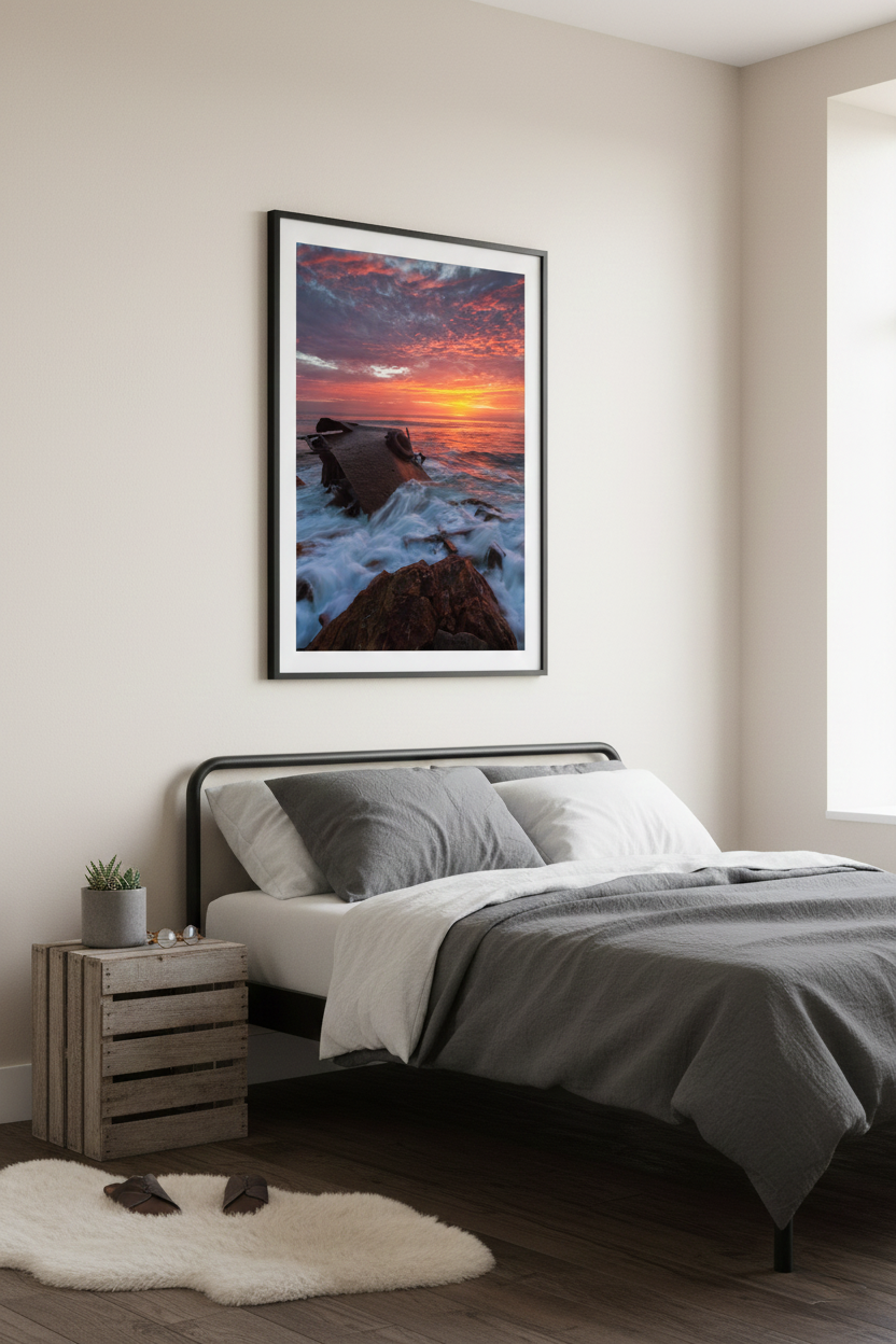 Framed SS Dominator ocean sunset photo print hanging above a grey metal bed frame in a neutral minimalist bedroom.