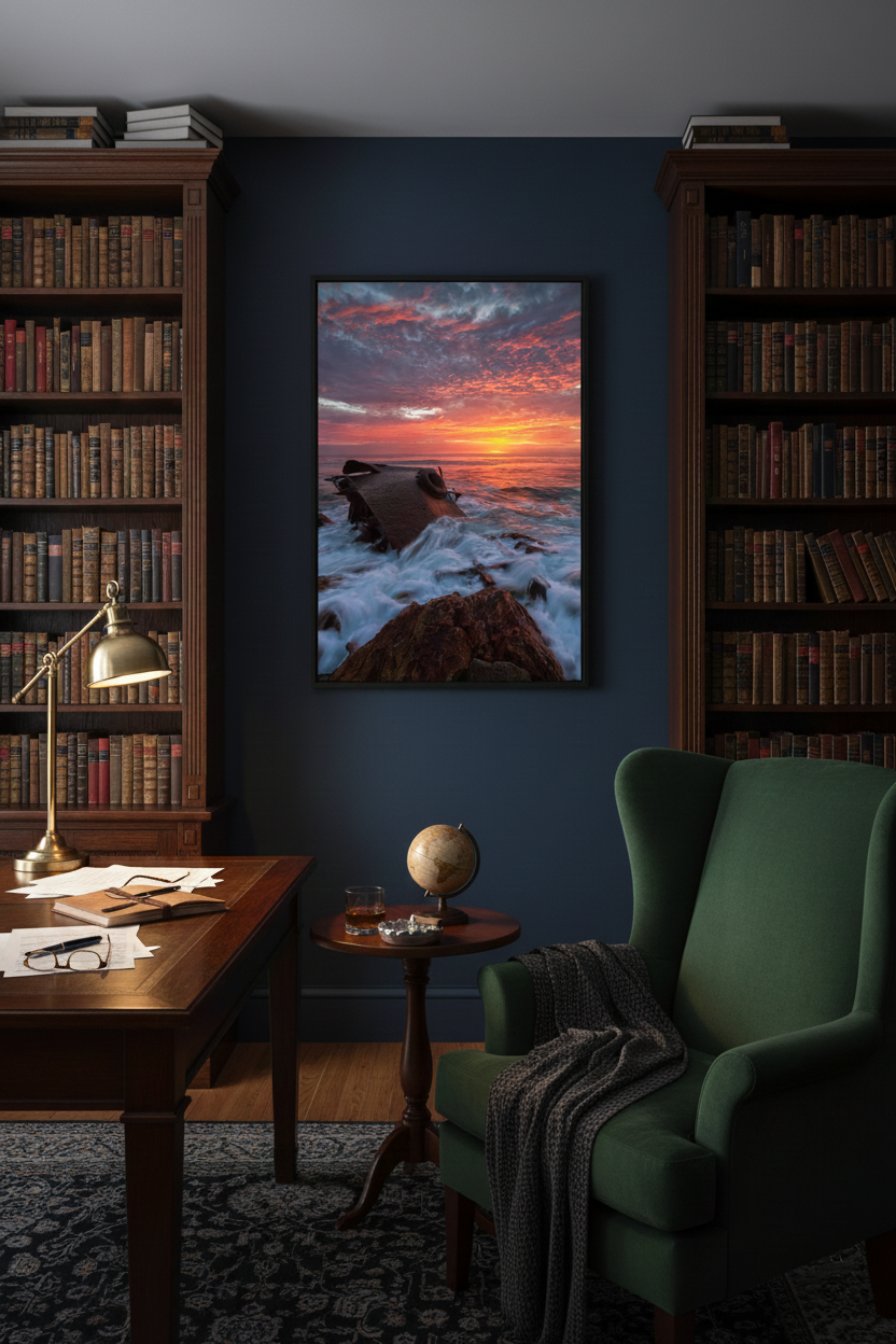 Vertical SS Dominator shipwreck photo print positioned between tall wooden bookcases in an executive home library with a green armchair.