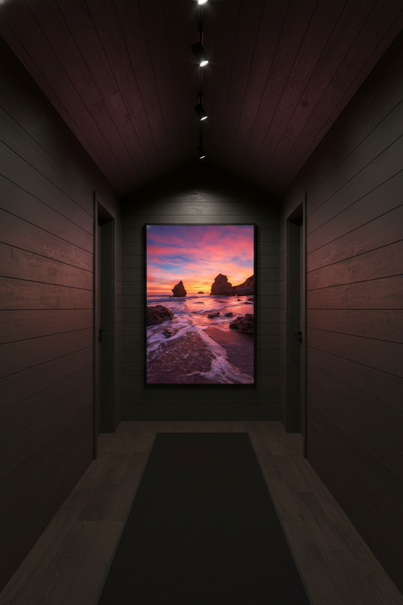 Vertical El Matador sunset ocean print displayed at the end of a dark wood-paneled hallway under spotlighting.