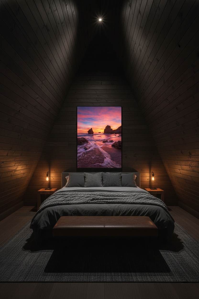 El Matador Beach sunset print hanging above a cozy bed in a dark wood-paneled A-frame cabin bedroom.