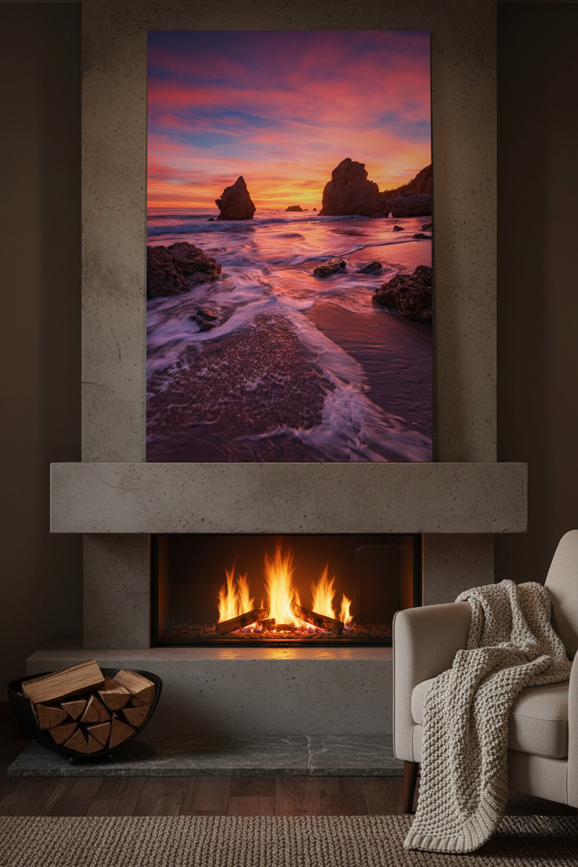 Large El Matador Beach fine art print displayed above a modern concrete fireplace mantel next to a cozy armchair.