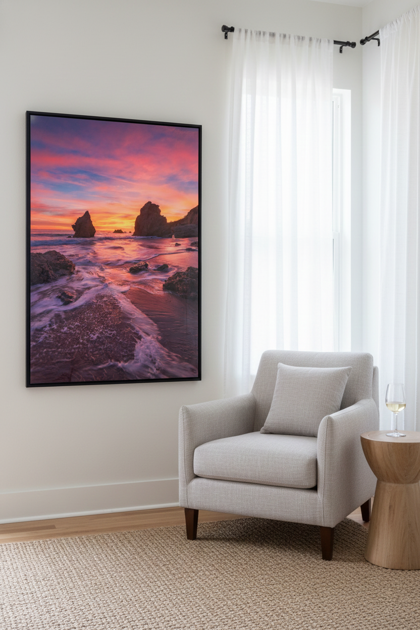 Large framed El Matador Beach sunset print hanging in a bright, sunlit reading nook next to a beige armchair.