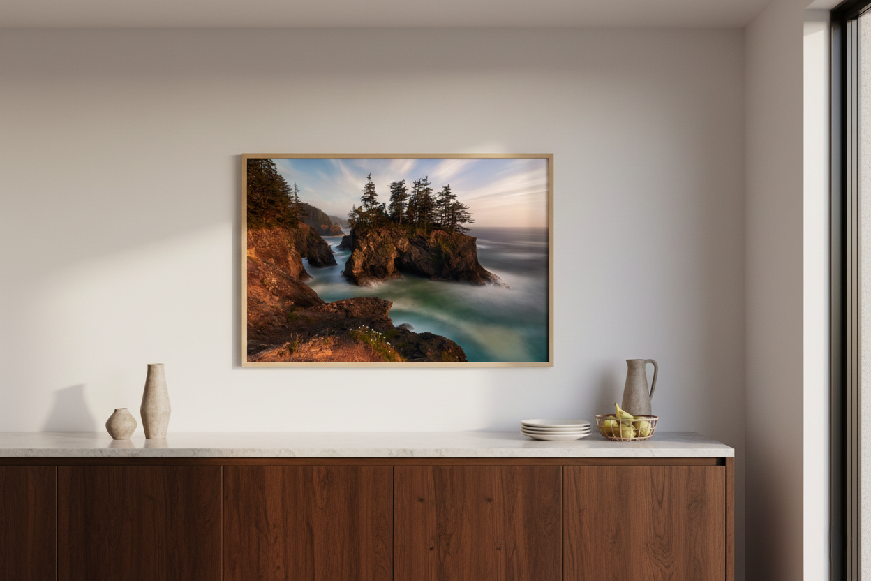 Horizontal Natural Bridges fine art print mounted on a white wall above a rich dark walnut credenza cabinet.