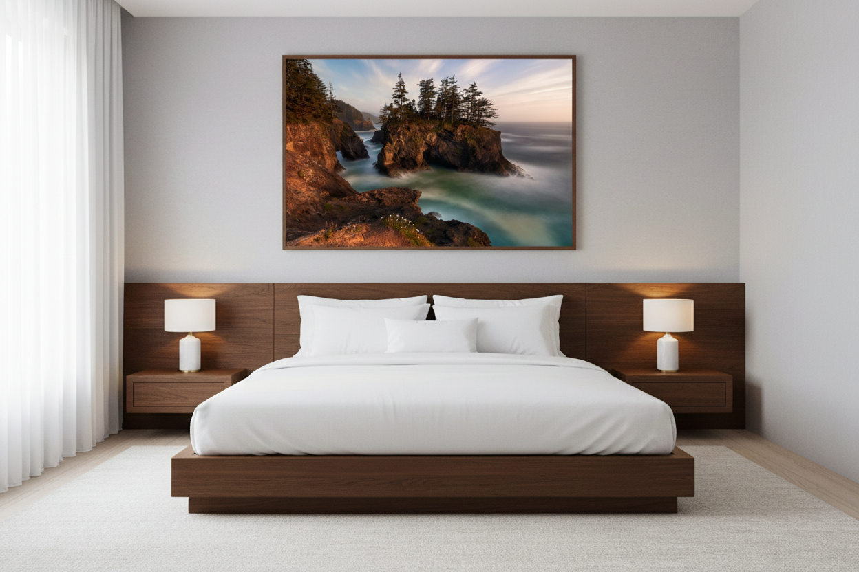 Large horizontal Natural Bridges Oregon Coast seascape print hanging above a low-profile dark wood platform bed.