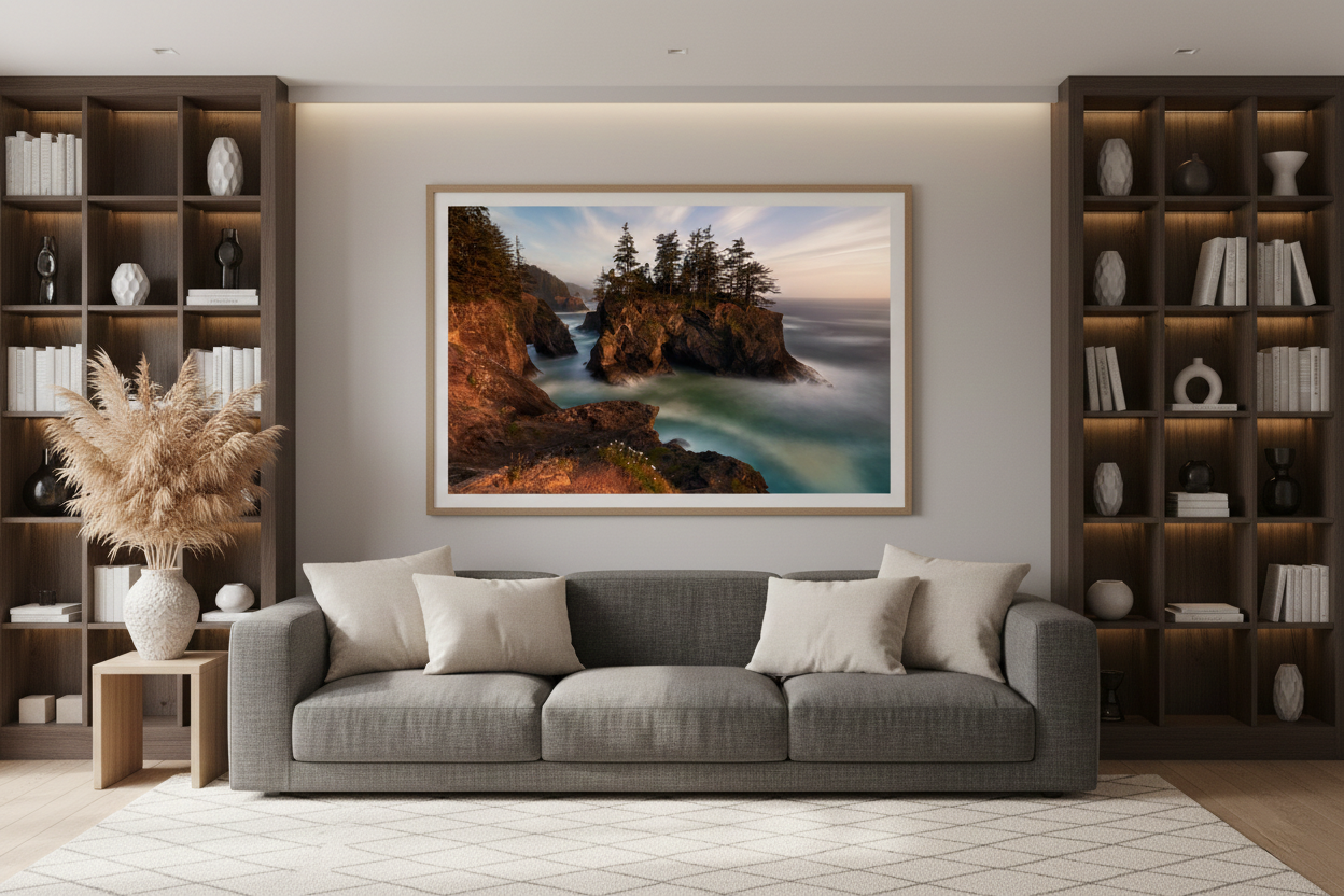 Natural Bridges fine art landscape print centered between dark custom bookshelf units above a grey sofa.