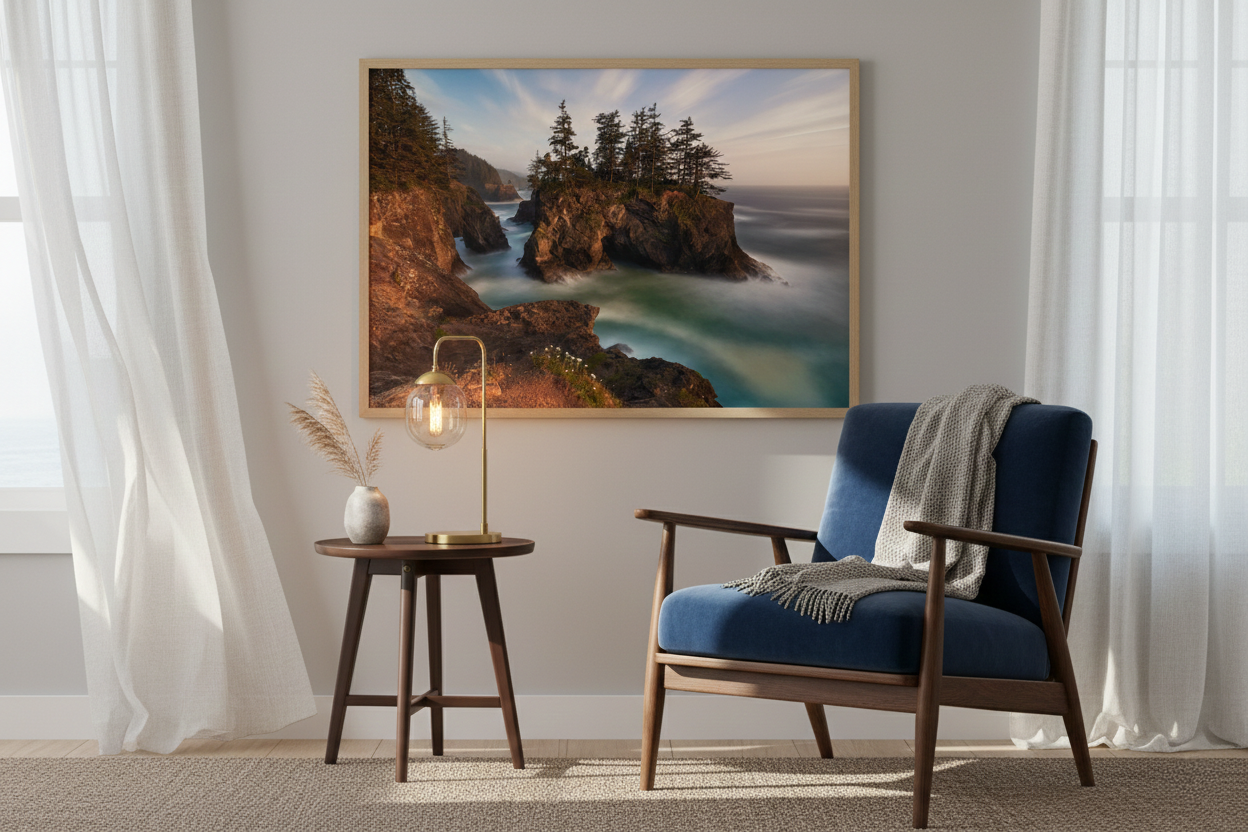 Large light wood framed Natural Bridges Oregon Coast print displayed in a reading nook above a blue mid-century velvet armchair.
