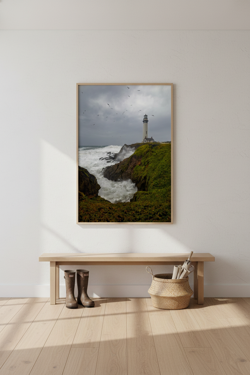 Framed vertical Pigeon Point Lighthouse print hanging above a light wood entryway bench with rain boots and an umbrella basket.