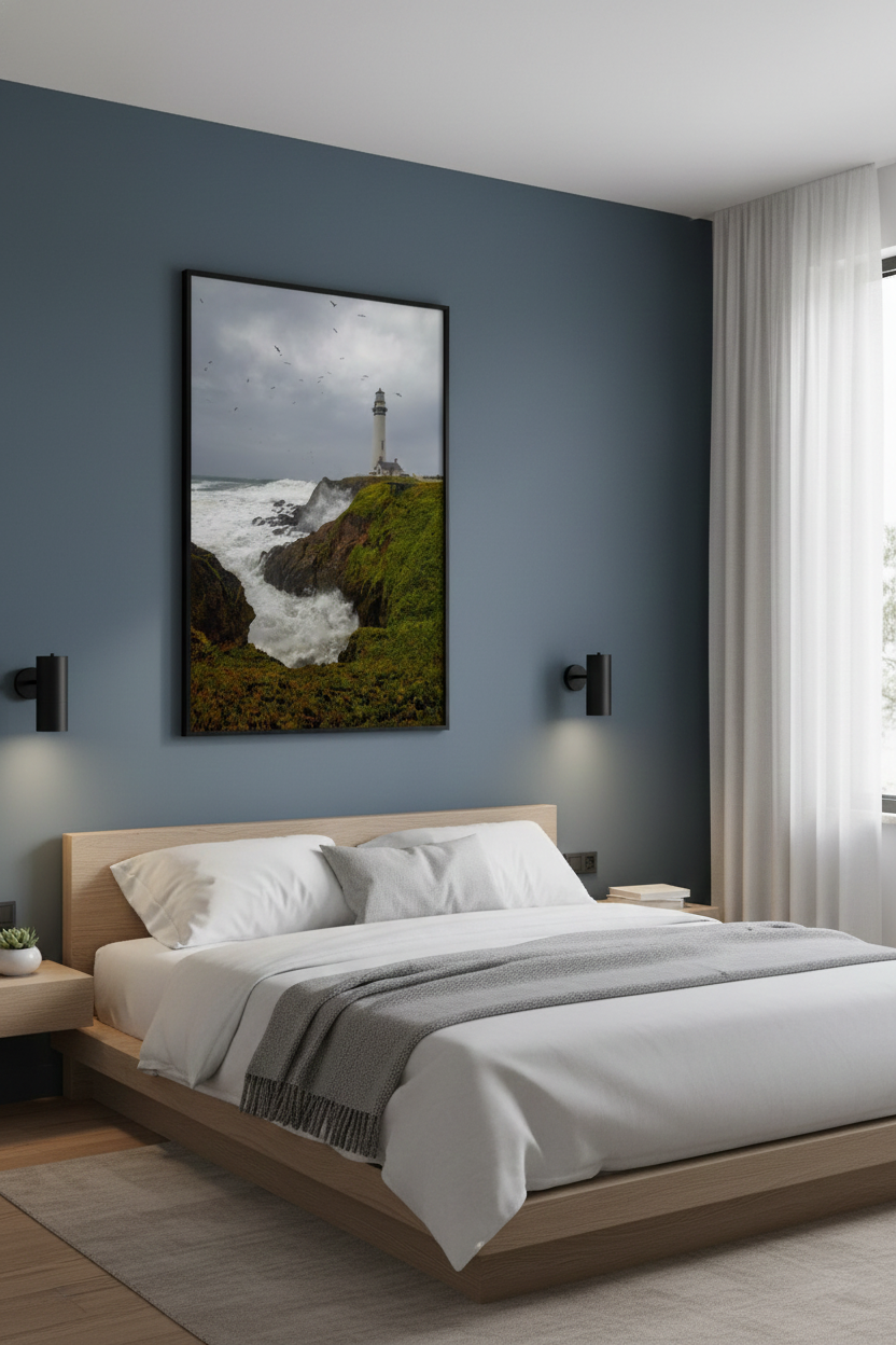 Vertical Pigeon Point Lighthouse art print mounted on a slate blue accent wall above a modern wooden bed.