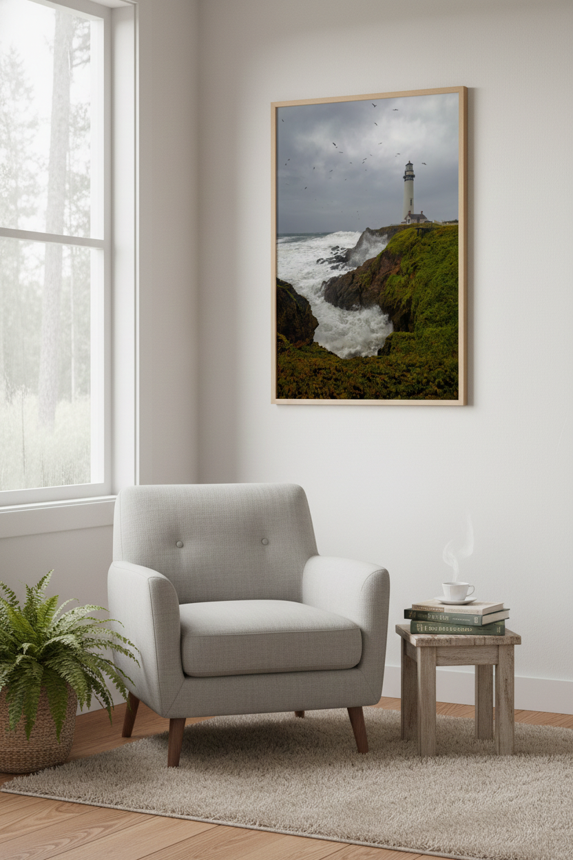 Framed Pigeon Point Lighthouse stormy ocean print hanging in a bright reading nook beside a grey armchair.