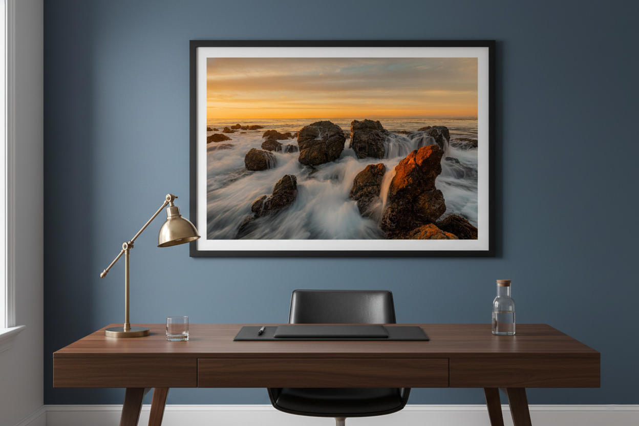 Black framed California ocean print hanging on a slate blue office wall above a dark wooden desk with a brass lamp.