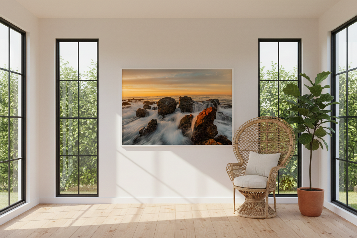 California coastal sunset print hanging in a bright sunroom with large windows next to a wicker peacock chair.