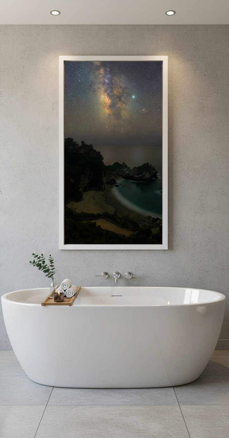 Large framed McWay Falls night sky print mounted on a textured grey concrete wall above a freestanding bathtub.