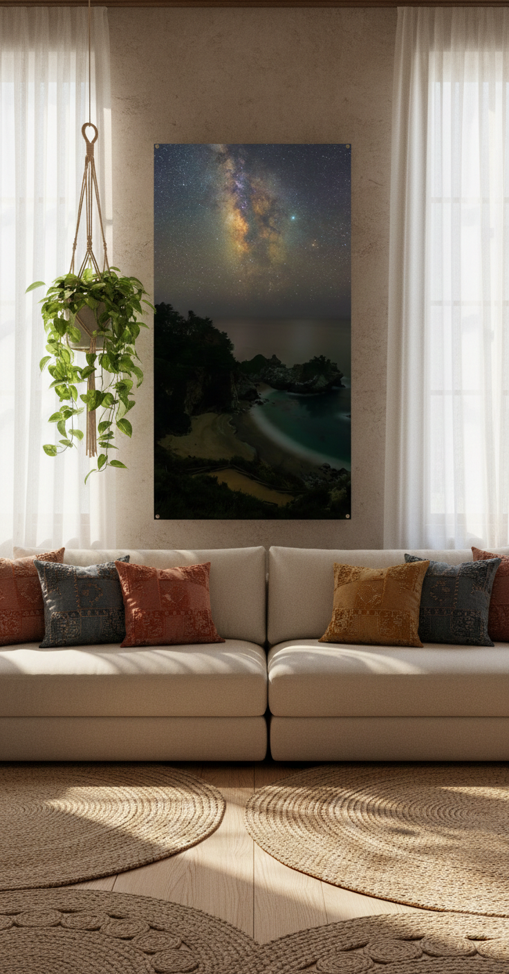 Large vertical McWay Falls Milky Way acrylic print hanging over a neutral sofa with patterned pillows and hanging plants.