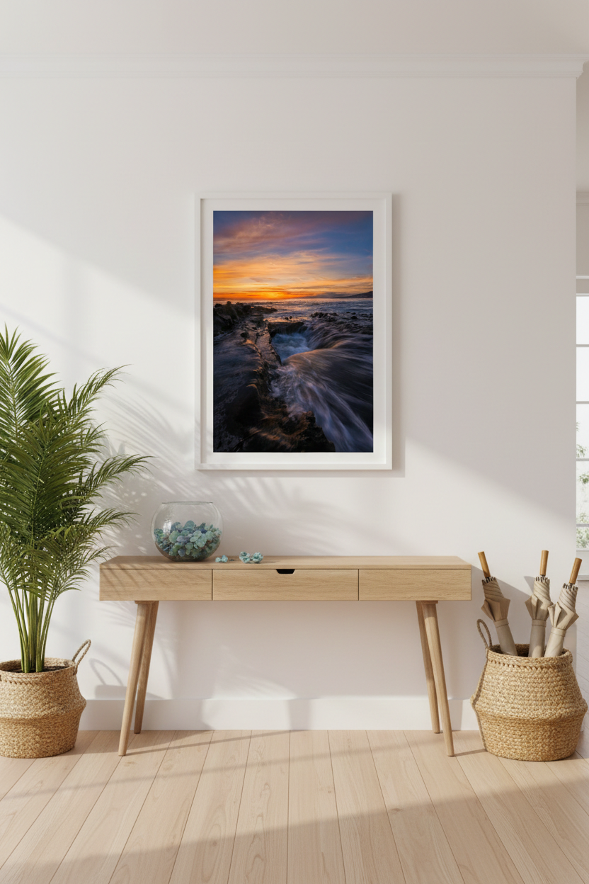White framed Laguna Beach sunset ocean print centered above a light oak console table in a bright, beachy entryway.