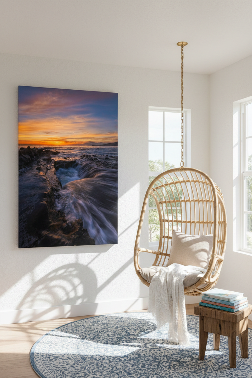 Frameless Laguna Beach sunset acrylic print displayed in a bright sunroom beside a hanging rattan egg chair.