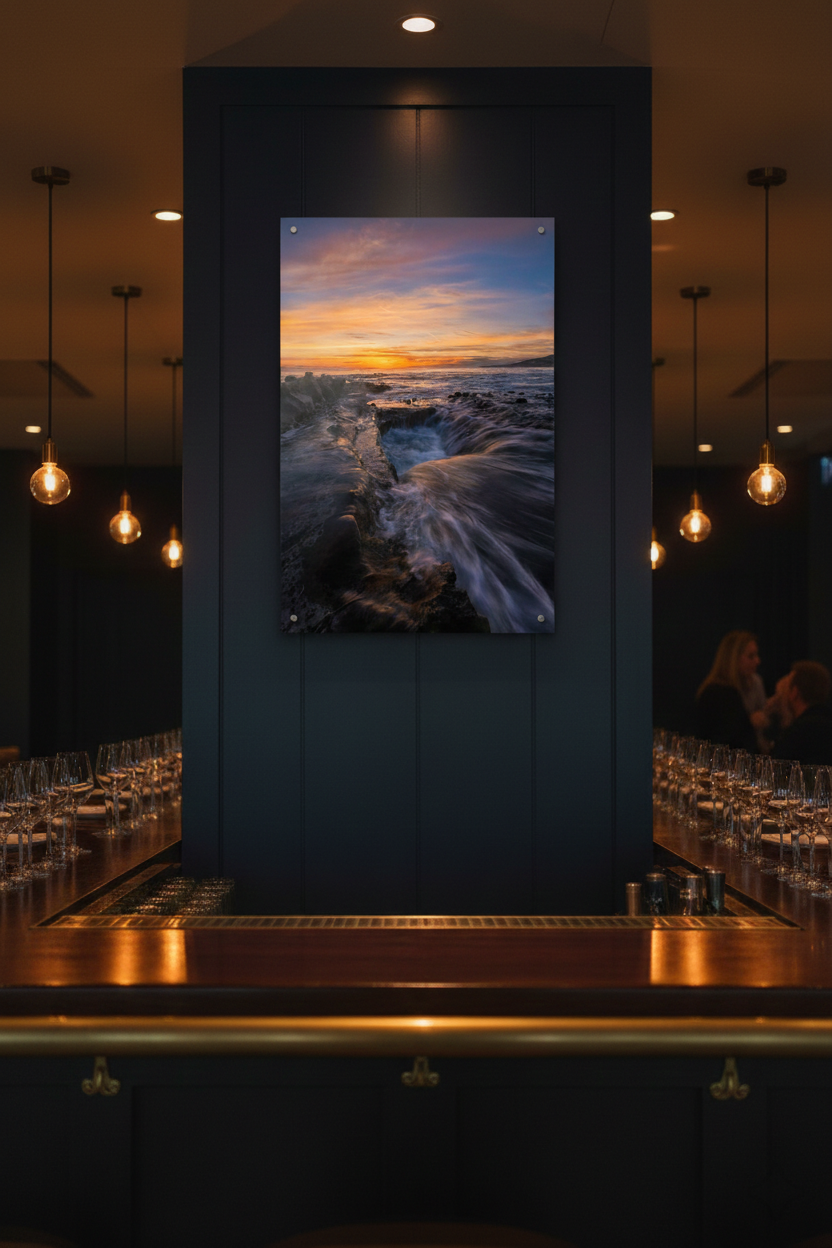 Vertical acrylic print of a Laguna Beach coastal sunset hanging on a dark navy accent pillar in a modern wine bar.