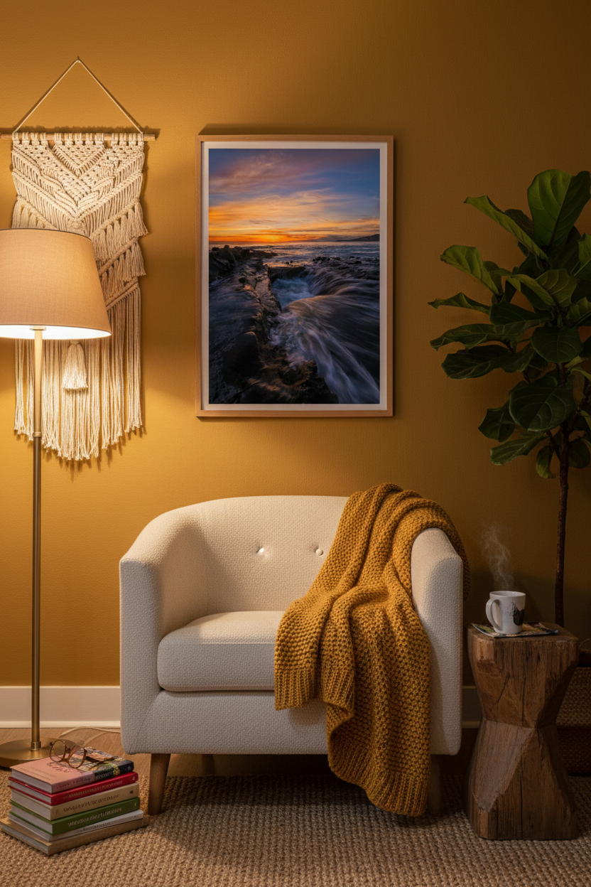 Framed Laguna Beach sunset photograph mounted on a mustard yellow wall above a cozy white armchair with a knit throw.