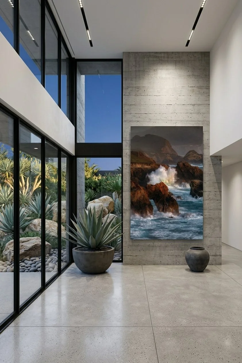 Oversized Big Sur crashing wave acrylic print mounted on a raw concrete wall in a two-story modern architectural entryway.
