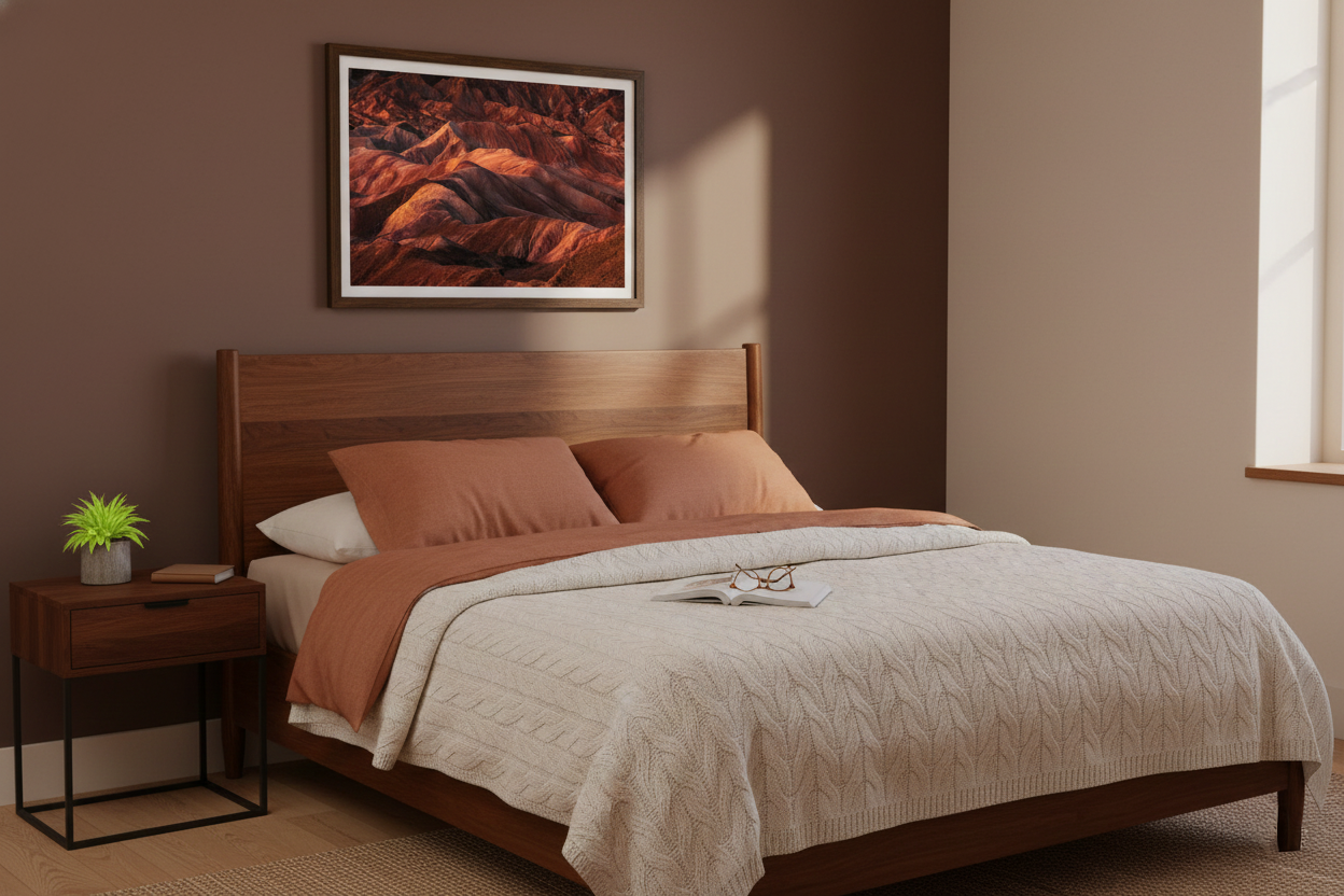 Dark wood framed Death Valley badlands photo print hanging over a mid-century wooden bed with terracotta linen bedding.