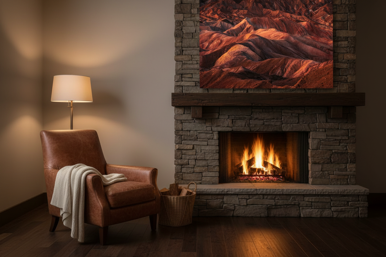 Large frameless Death Valley sunrise print mounted on a stacked stone fireplace above a lit hearth next to a brown leather armchair.
