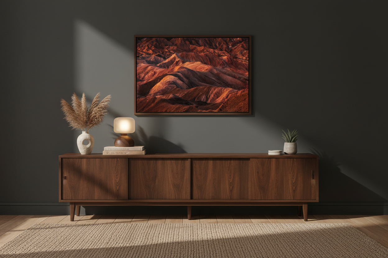 Framed Death Valley landscape art print centered on a dark grey wall above a walnut mid-century credenza.