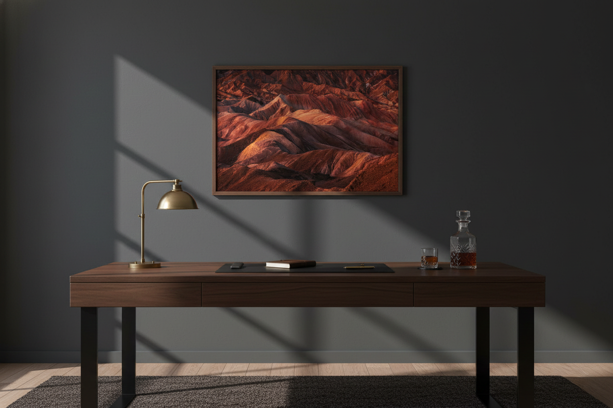 Horizontal Death Valley fine art print hanging on a charcoal grey wall behind a dark wooden executive desk with a brass lamp.
