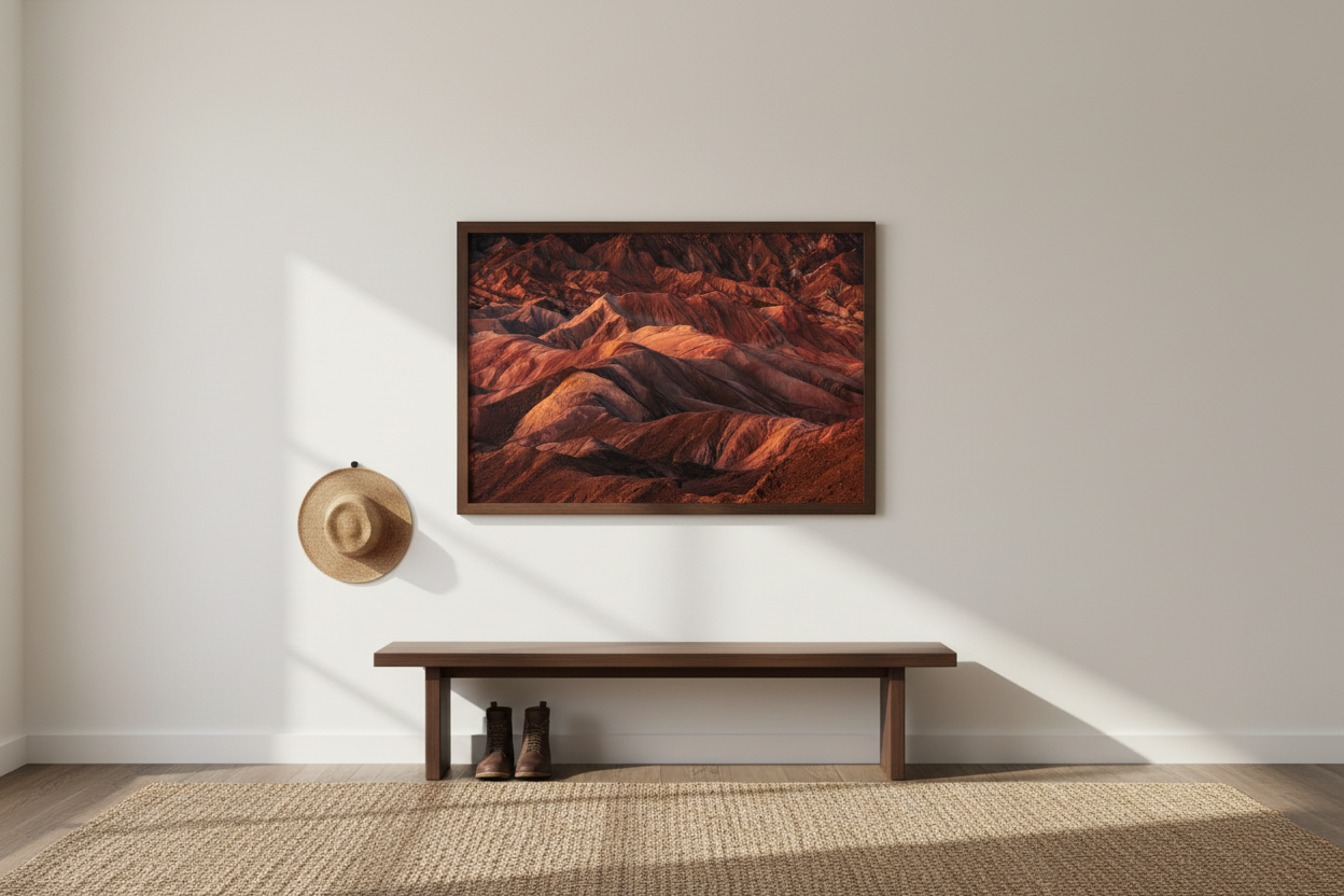 Wood framed Death Valley desert sunrise print mounted on a white wall above a simple wooden bench in a sunlit entryway.