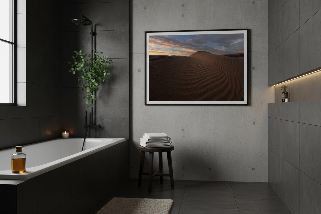 Black framed Death Valley sand dunes photo print mounted on a raw concrete wall above a dark luxury bathtub.