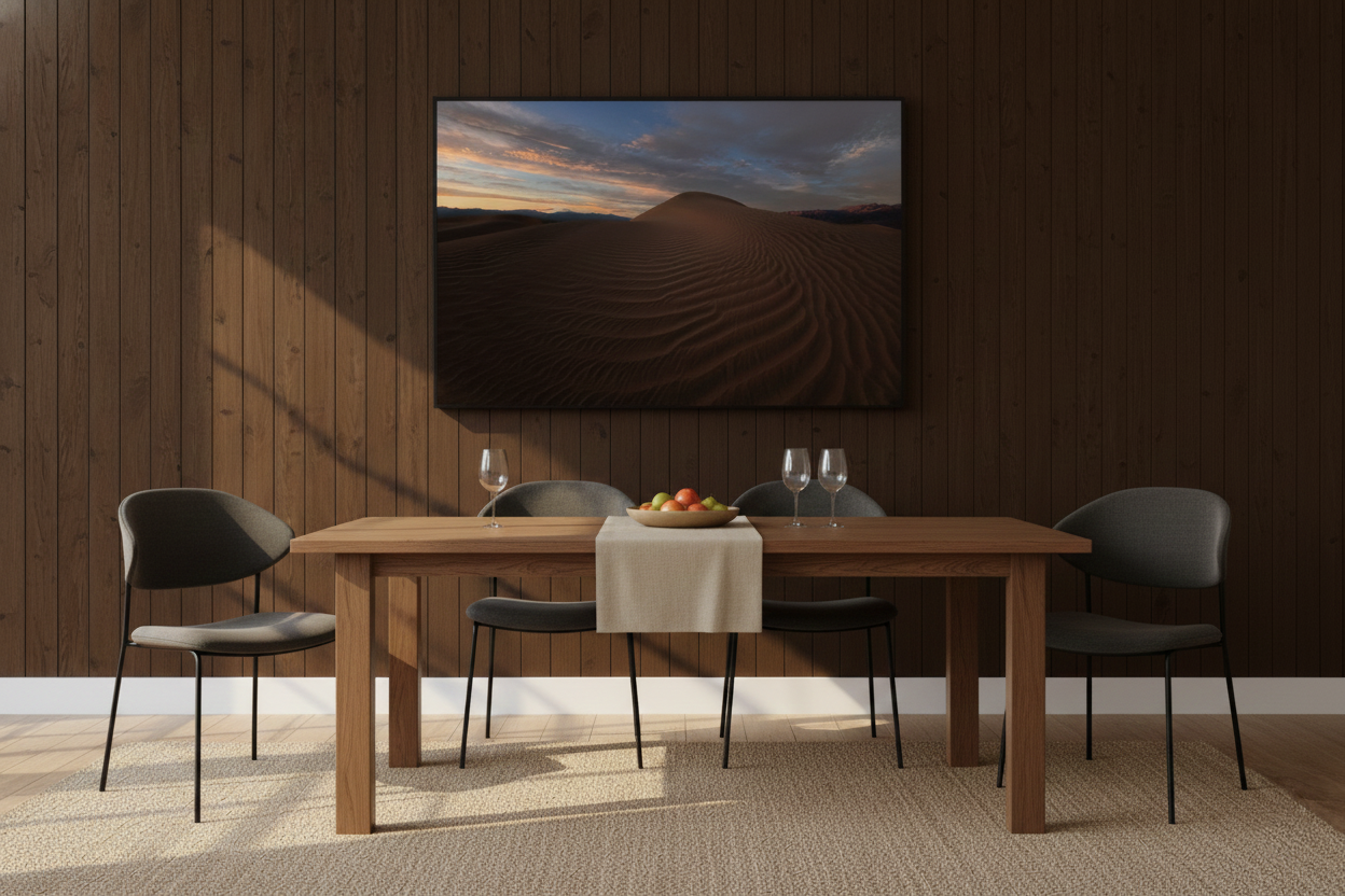 Framed Death Valley desert print hanging on a rich dark wood wall centered above a modern wooden dining table and chairs.