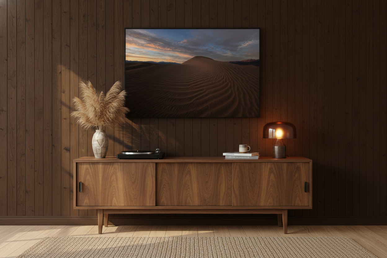 Death Valley fine art print mounted above a walnut credenza with a record player and pampas grass against dark wood wall paneling.