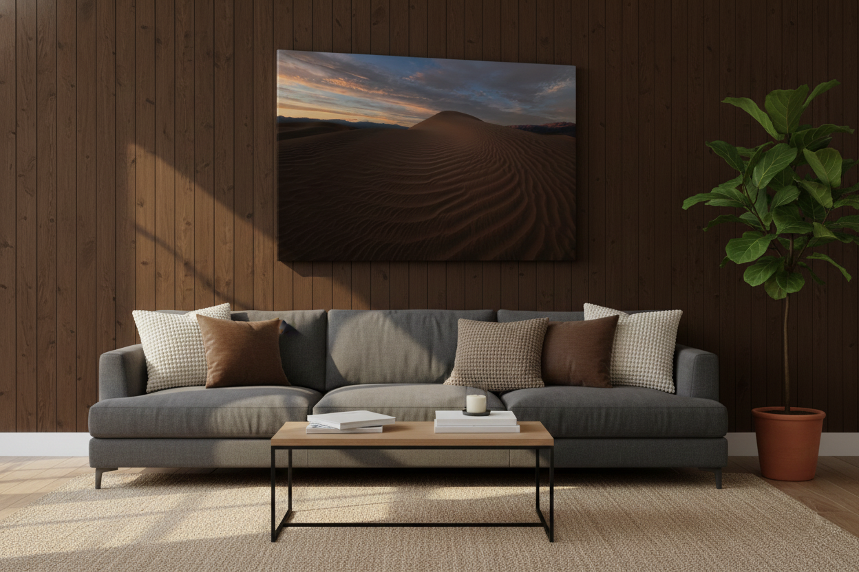 Large canvas print of Death Valley sand dunes hanging over a dark grey sofa against warm wood wall paneling next to a potted plant.