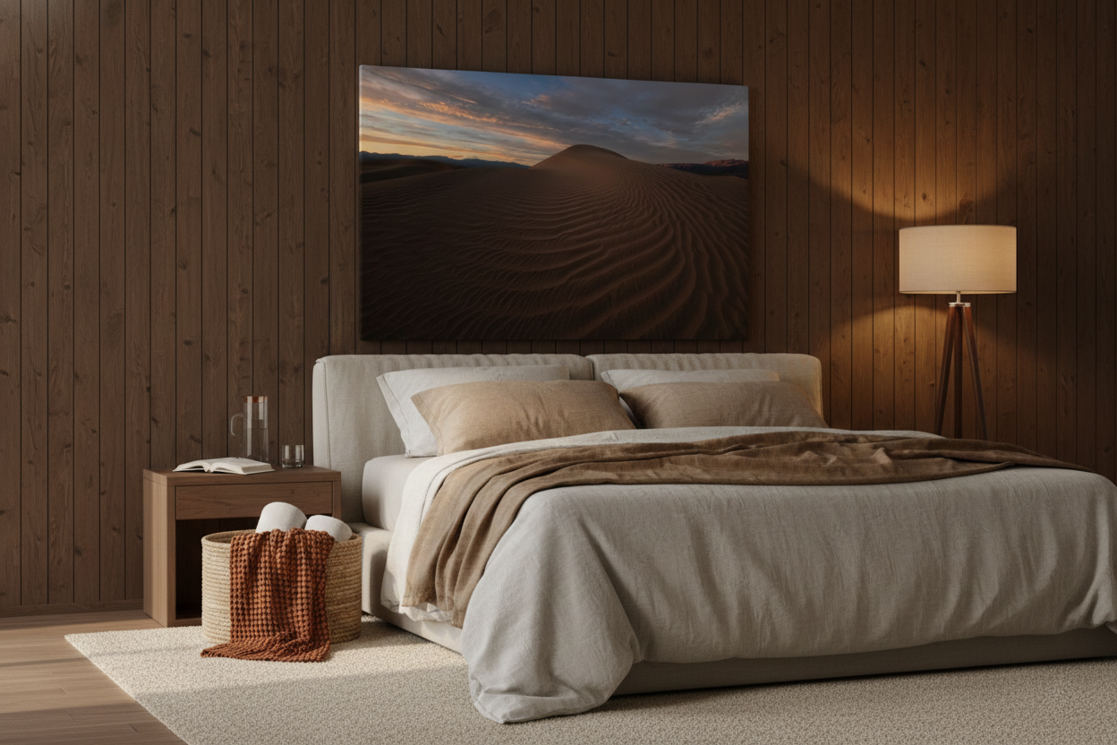 Large frameless Death Valley sand dunes print displayed above a beige upholstered bed against dark vertical wood paneling.