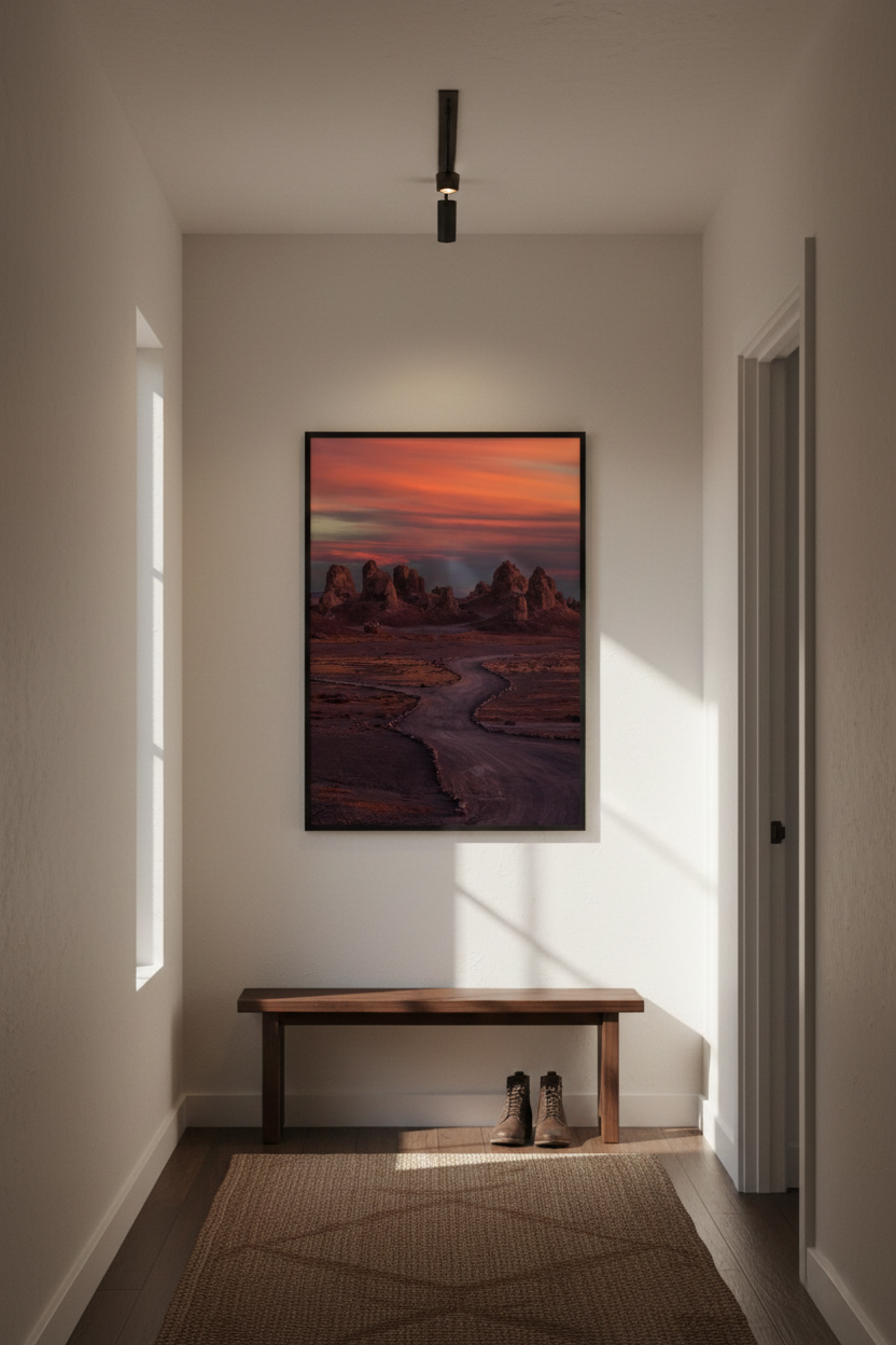 Large framed Trona Pinnacles desert print centered on a white hallway wall above a wooden entryway bench in a modern home.