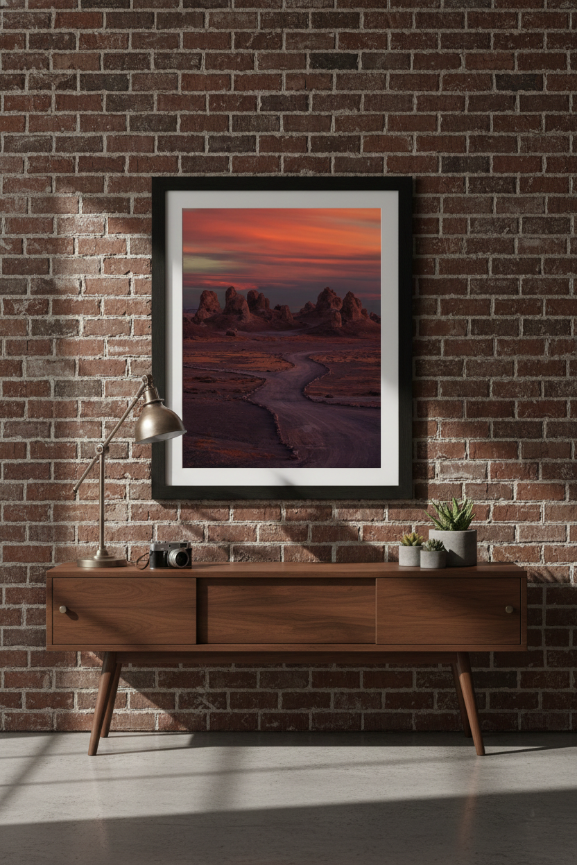 Vertical framed Trona Pinnacles sunset print hanging on an exposed red brick wall above a walnut mid-century credenza and vintage camera.
