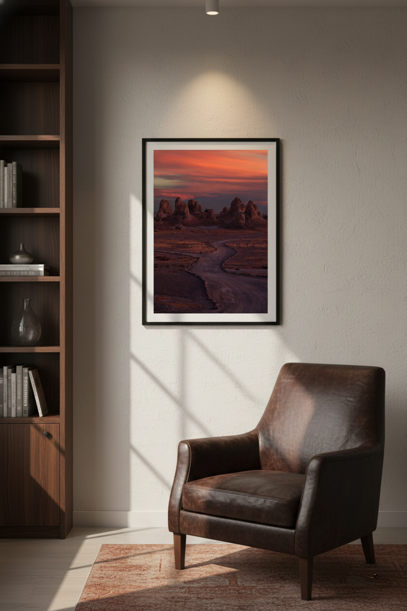 Vertical matted Trona Pinnacles landscape photo print hanging next to a dark wood bookcase over a brown leather armchair.